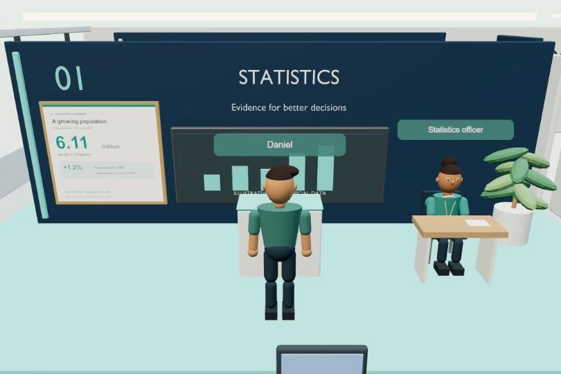 A visitor avatar exploring the statistics gallery and meeting its virtual officer.