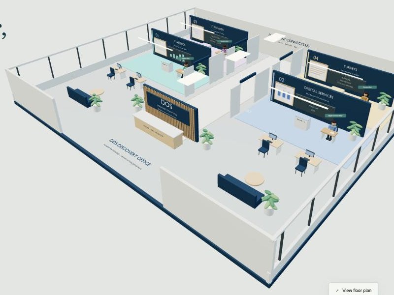 An overview of the DOS Discovery Office, with four galleries arranged around a central reception.