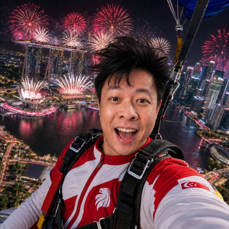 Daniel Quek grinning in a red Singapore jersey and parachute harness, with Marina Bay Sands and National Day fireworks behind him.
